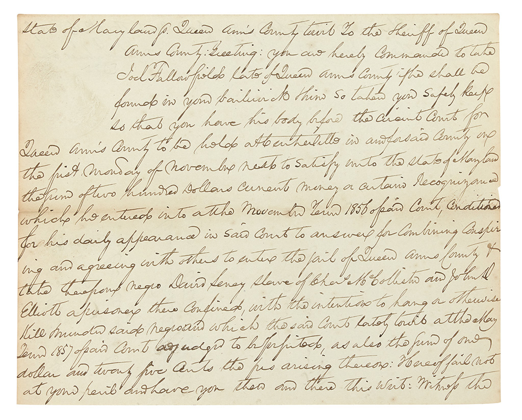 MARYLAND. Manuscript warrant to thwart the lynching of an imprisoned slave.